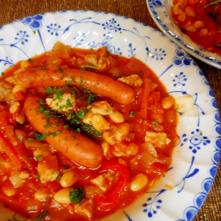 チョリソーと大豆とパプリカのトマト煮